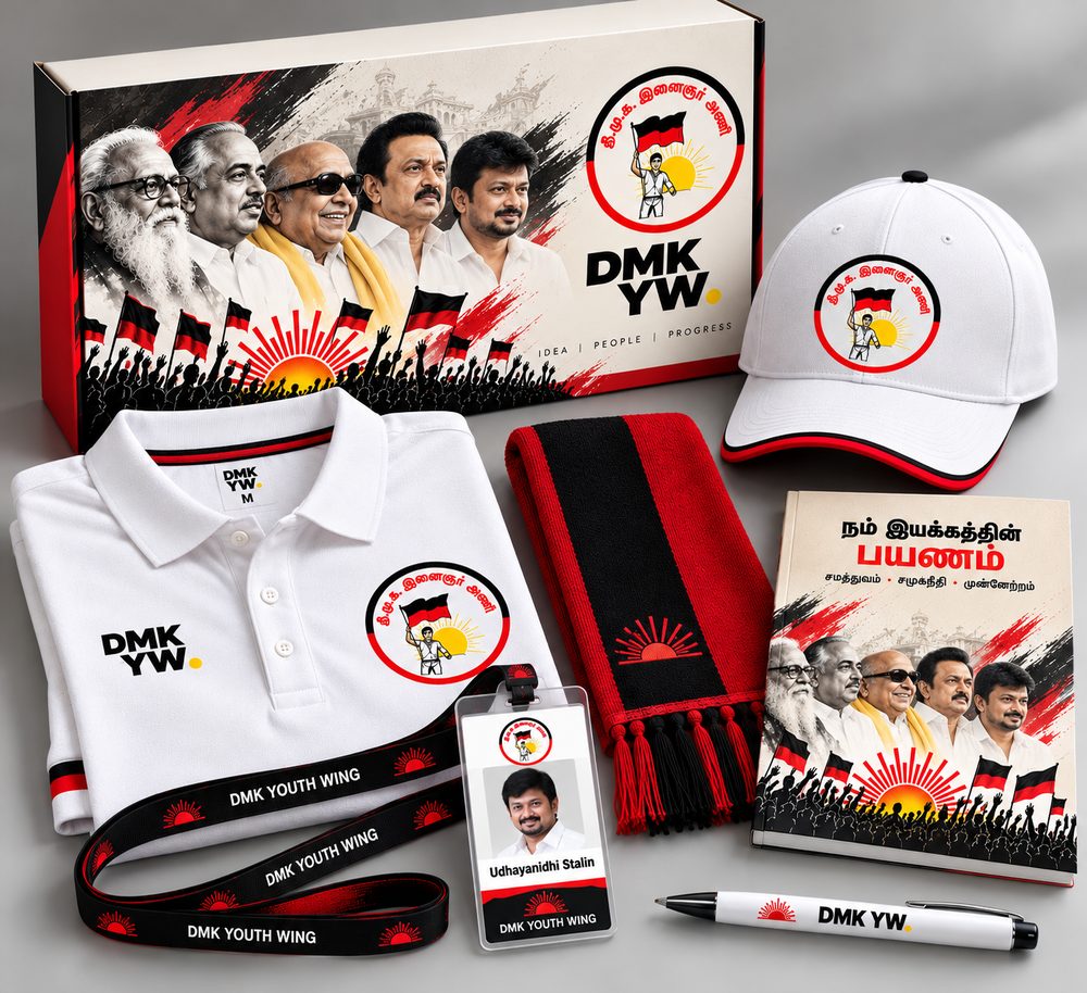 DMK Youth Wing merchandise kit: box, polo t-shirt, cap, scarf, lanyard with ID card, notebook and pen
